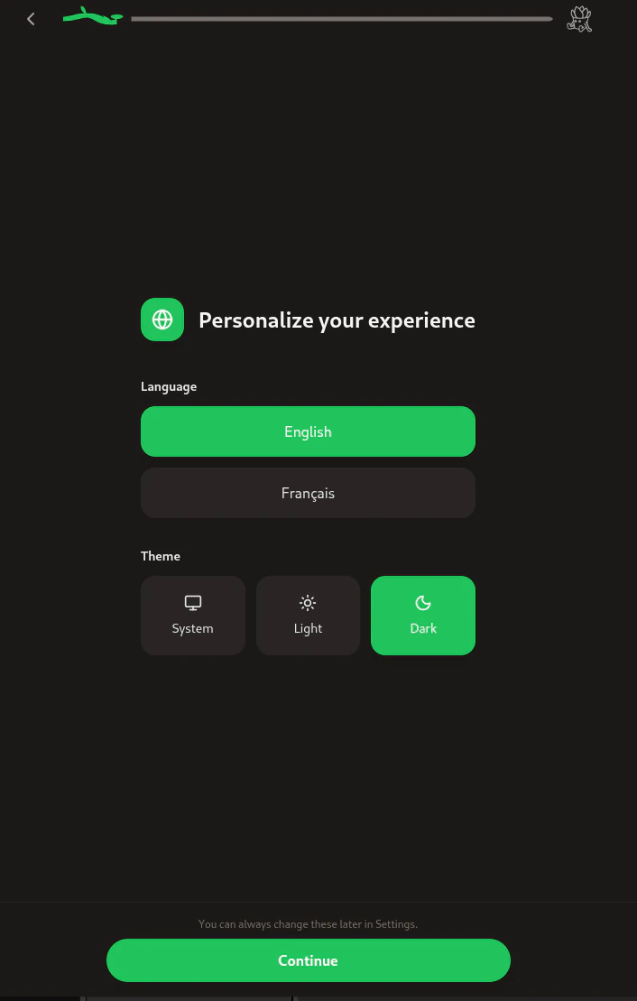 onboarding theme and language